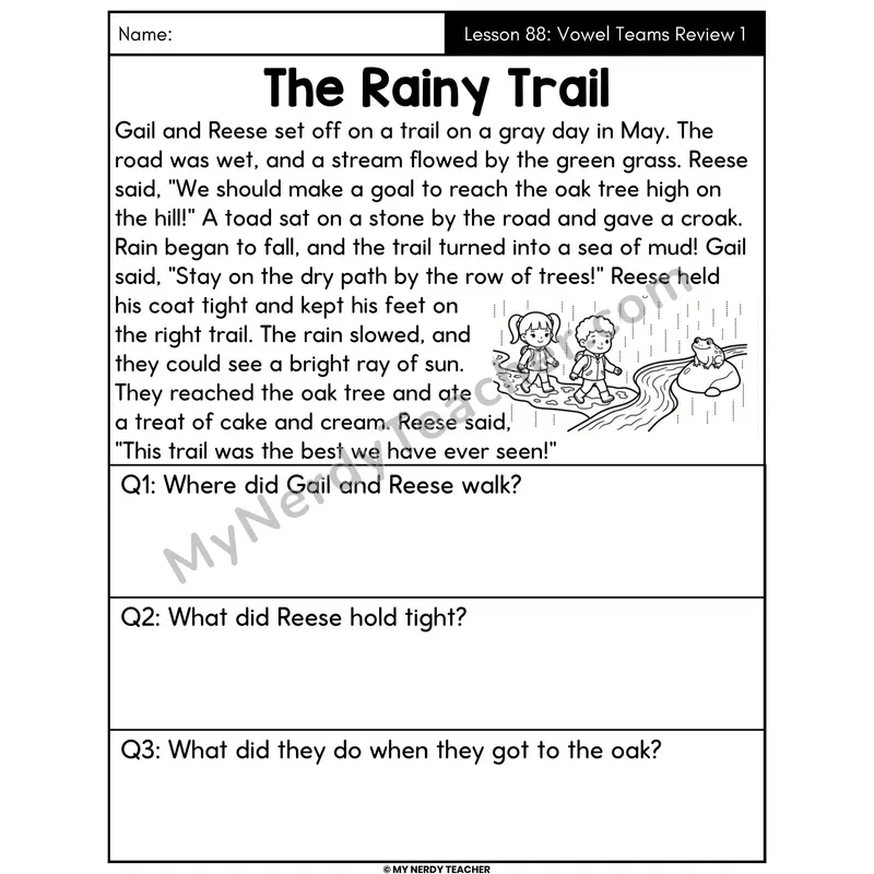 Vowel Teams Review 1 Decodable Passage - The Rainy Trail (Answer Boxes)