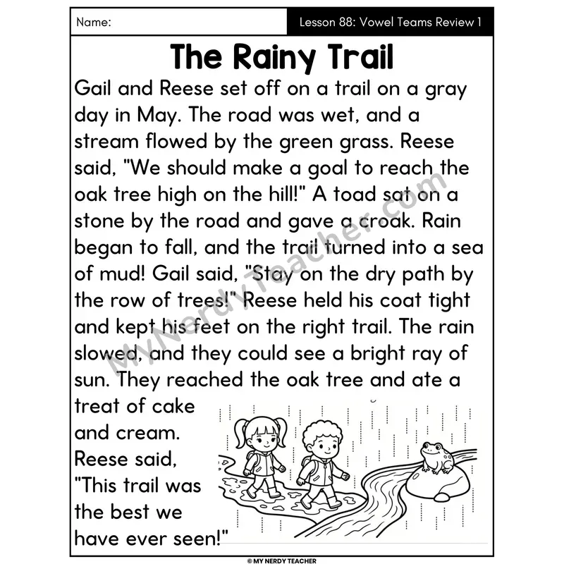 Vowel Teams Review 1 Decodable Passage - The Rainy Trail (Large Print)