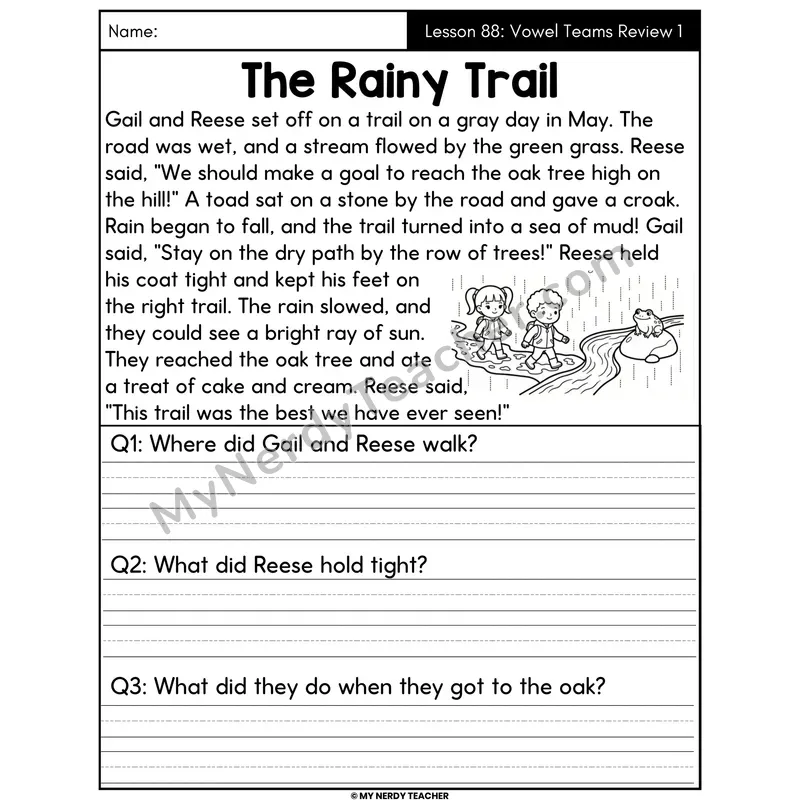 Vowel Teams Review 1 Decodable Passage - The Rainy Trail (Written Answers)