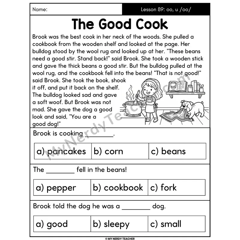 oo and u Short OO Sound Decodable Passage - The Good Cook (Multiple Choice)