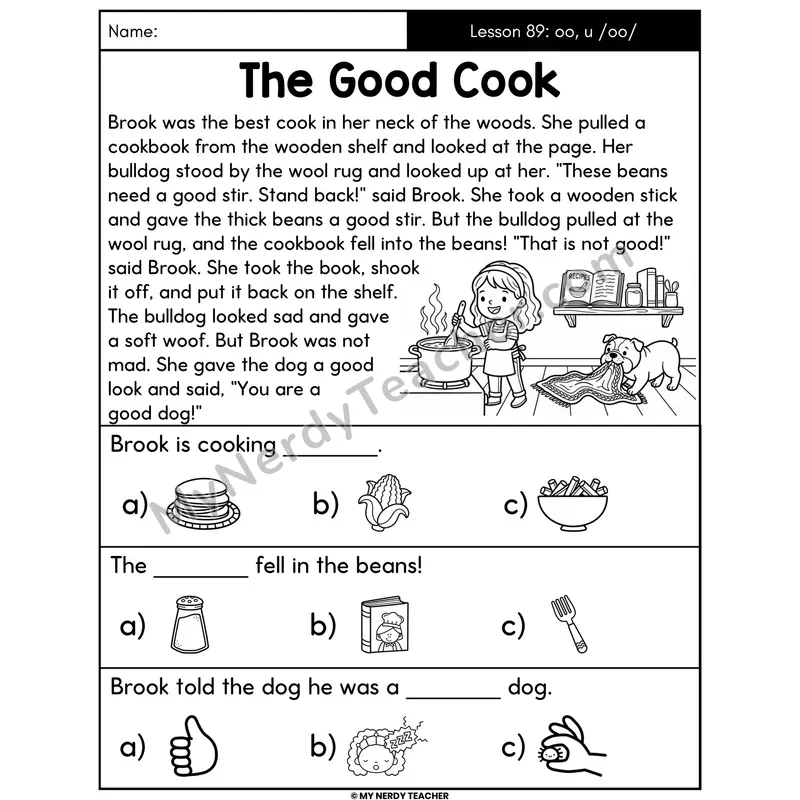 oo and u Short OO Sound Decodable Passage - The Good Cook (Picture Choices)