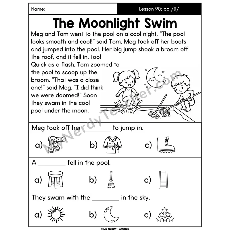 oo Long U Sound Decodable Passage - The Moonlight Swim (Picture Choices)
