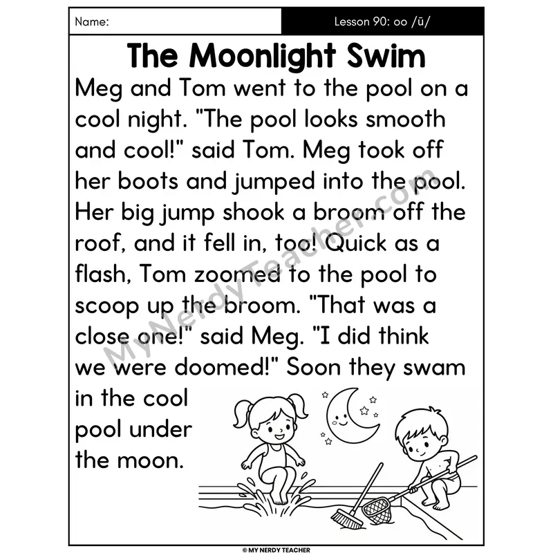 oo Long U Sound Decodable Passage - The Moonlight Swim (Large Print)