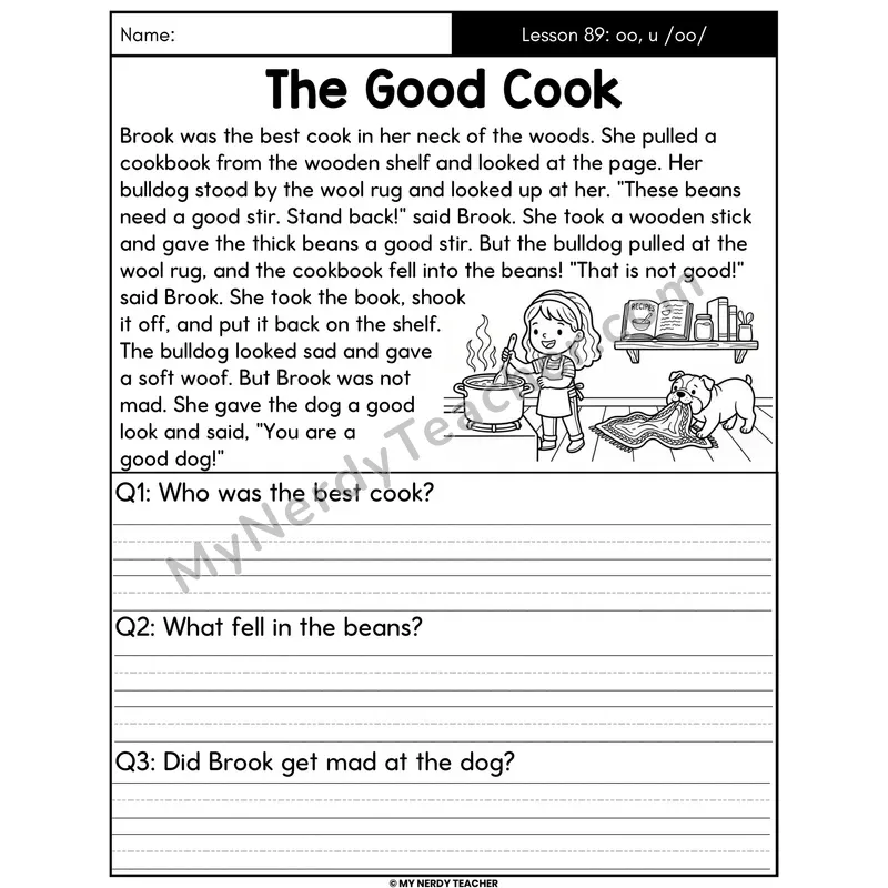 oo and u Short OO Sound Decodable Passage - The Good Cook (Written Answers)