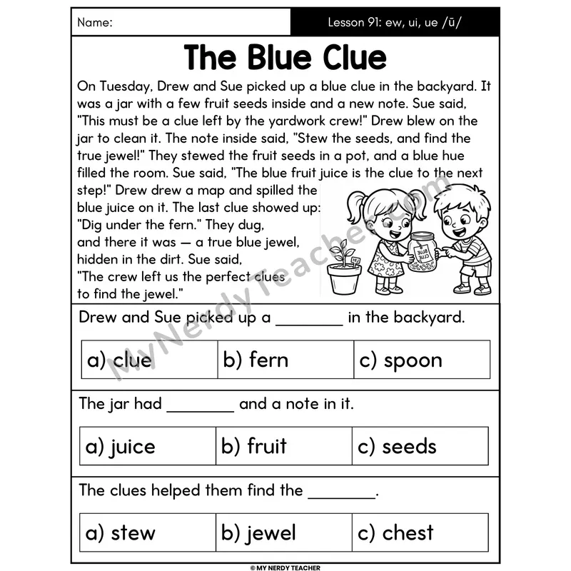 ew ui ue Vowel Teams Decodable Passage - The Blue Clue (Multiple Choice)