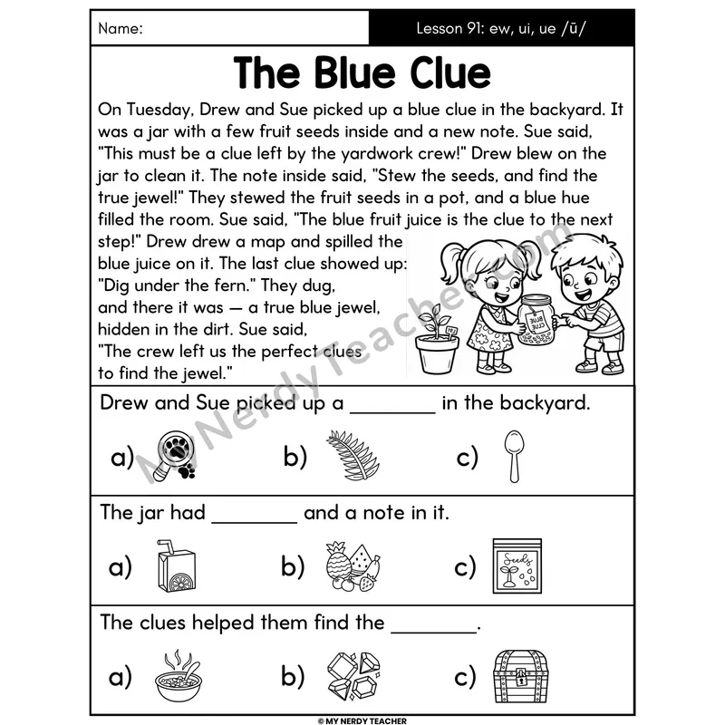 ew ui ue Vowel Teams Decodable Passage - The Blue Clue (Picture Choices)
