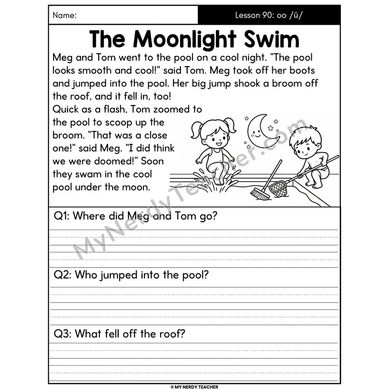oo Long U Sound Decodable Passage - The Moonlight Swim (Written Answers)
