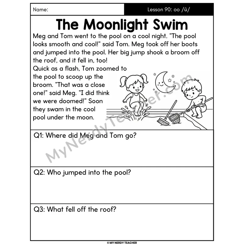 oo Long U Sound Decodable Passage - The Moonlight Swim (Answer Boxes)