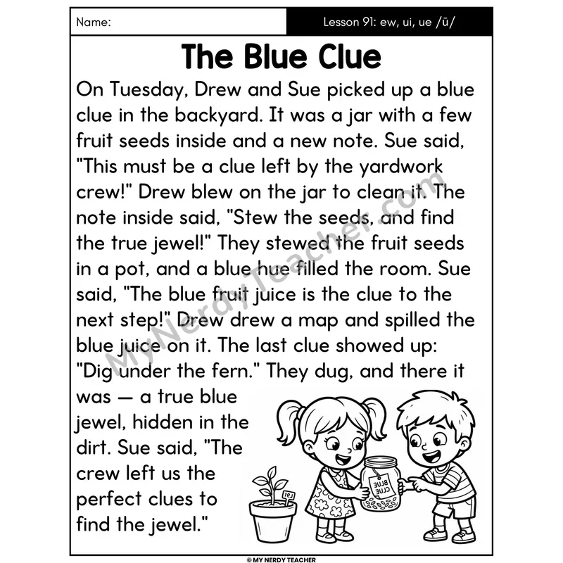 ew ui ue Vowel Teams Decodable Passage - The Blue Clue (Large Print)