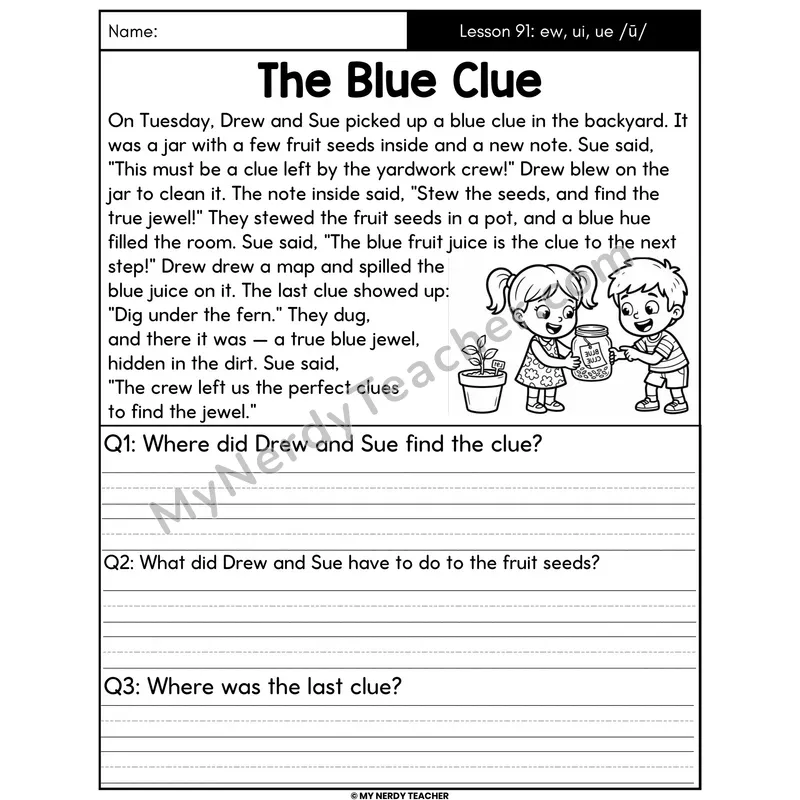 ew ui ue Vowel Teams Decodable Passage - The Blue Clue (Written Answers)