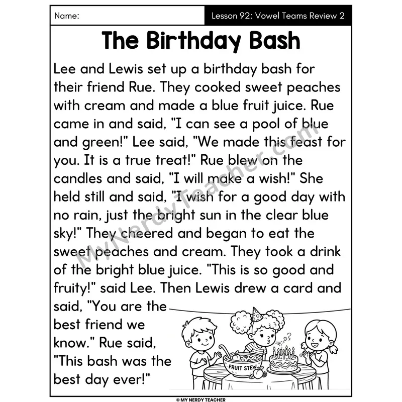 Vowel Teams Review 2 Decodable Passage - The Birthday Bash (Large Print)