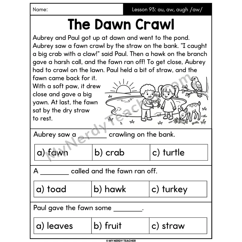 au aw augh Vowel Teams Decodable Passage - The Dawn Crawl (Multiple Choice)