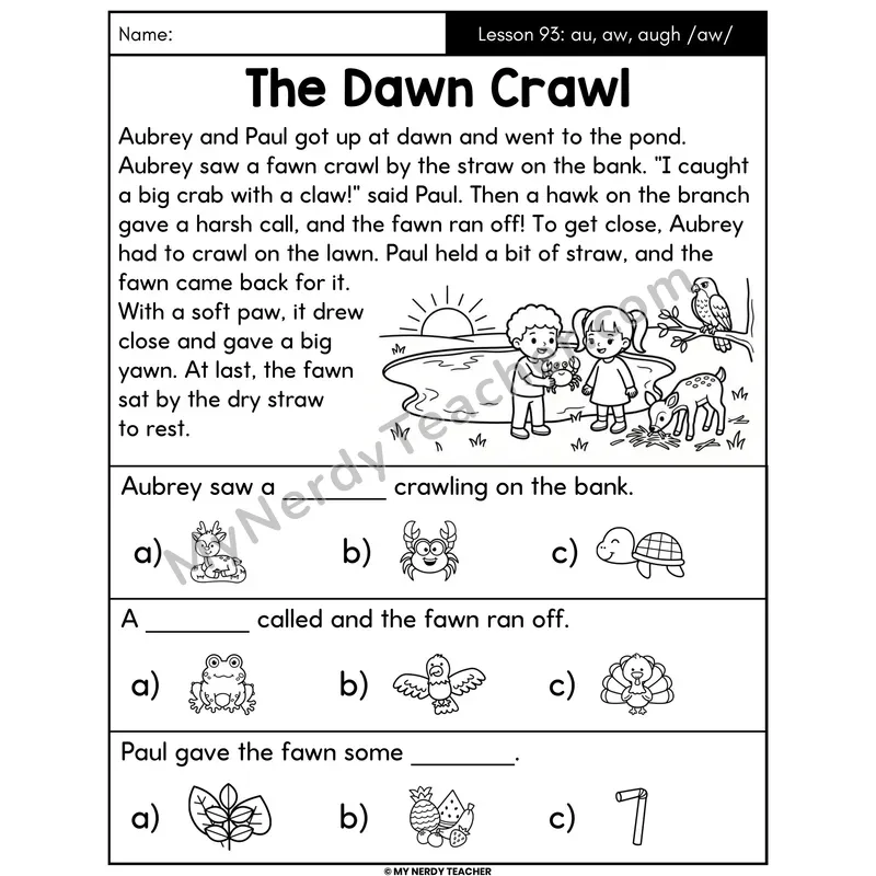 au aw augh Vowel Teams Decodable Passage - The Dawn Crawl (Picture Choices)