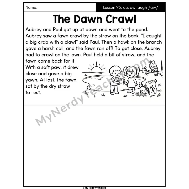 au aw augh Vowel Teams Decodable Passage - The Dawn Crawl (Draw the Story)