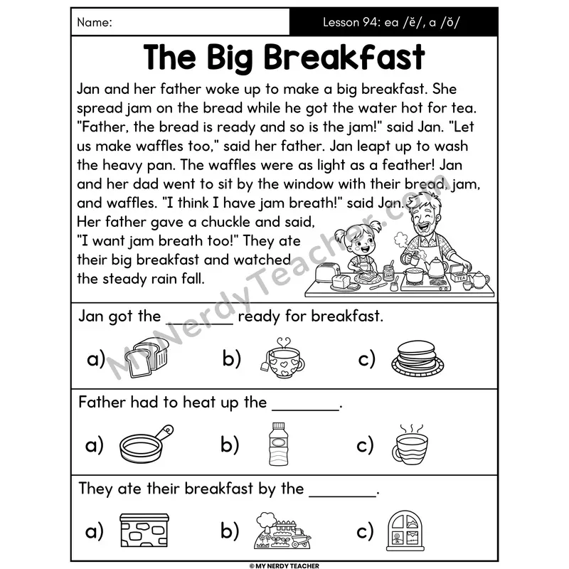 ea Short E and a Short O Decodable Passage - The Big Breakfast (Picture Choices)