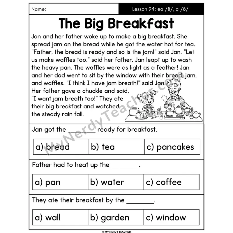 ea Short E and a Short O Decodable Passage - The Big Breakfast (Multiple Choice)