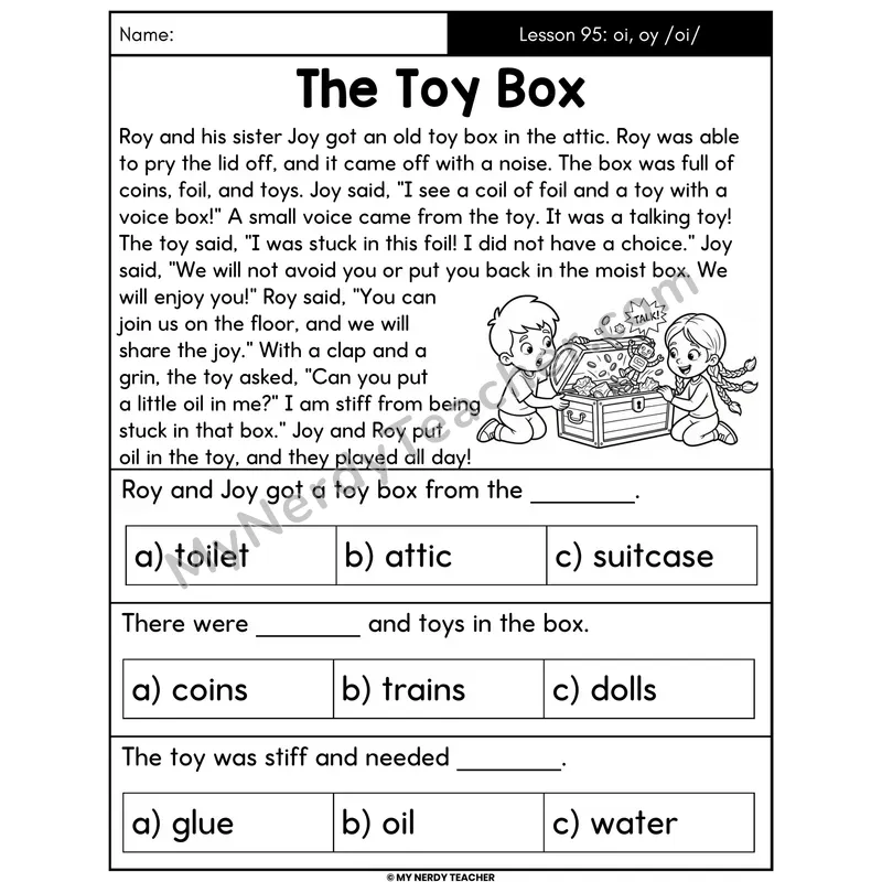 oi and oy Diphthongs Decodable Passage - The Toy Box (Multiple Choice)