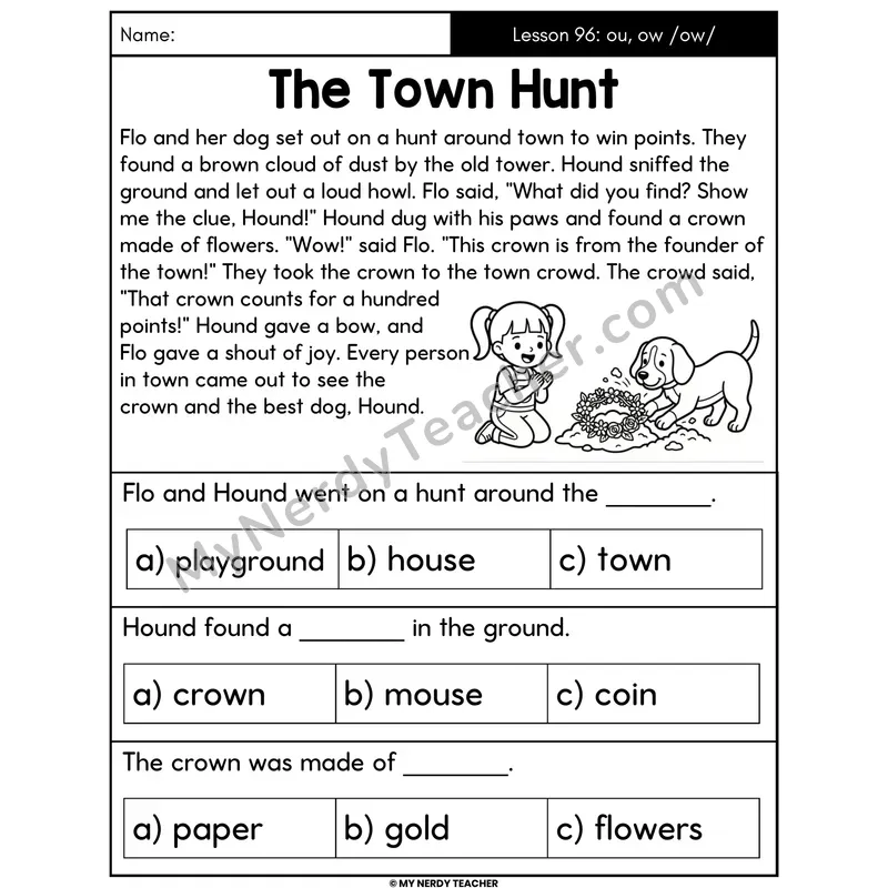 ou and ow Diphthongs Decodable Passage - The Town Hunt (Multiple Choice)
