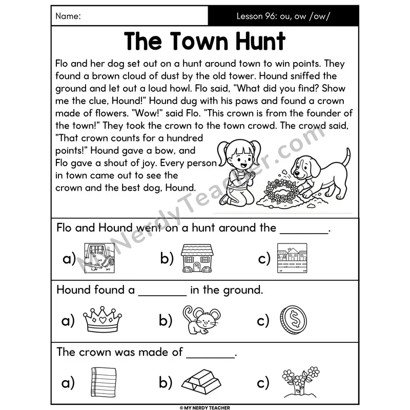 ou and ow Diphthongs Decodable Passage - The Town Hunt (Picture Choices)