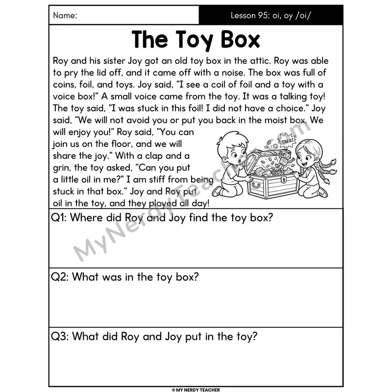 oi and oy Diphthongs Decodable Passage - The Toy Box (Answer Boxes)