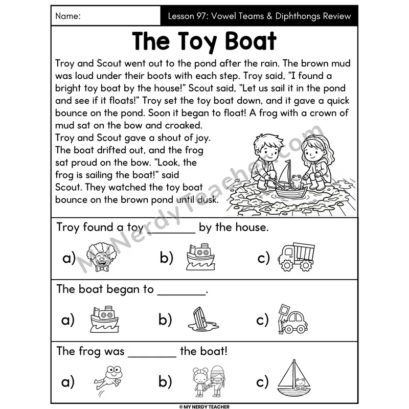 Vowel Teams and Diphthongs Review Decodable Passage - The Toy Boat (Picture Choices)