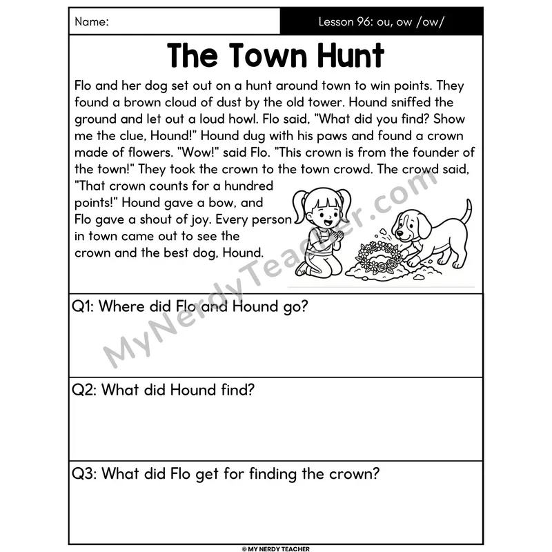 ou and ow Diphthongs Decodable Passage - The Town Hunt (Answer Boxes)
