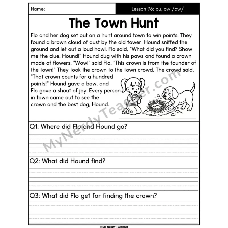 ou and ow Diphthongs Decodable Passage - The Town Hunt (Written Answers)