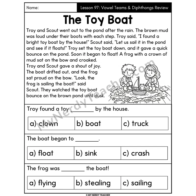 Vowel Teams and Diphthongs Review Decodable Passage - The Toy Boat (Multiple Choice)