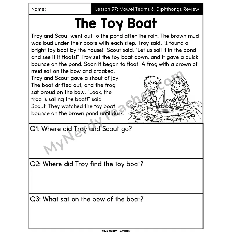 Vowel Teams and Diphthongs Review Decodable Passage - The Toy Boat (Answer Boxes)