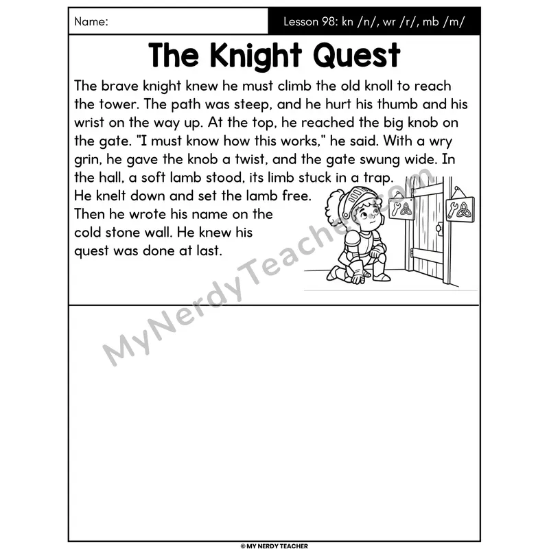 Silent Letters kn wr mb Decodable Passage - The Knight Quest (Draw the Story)