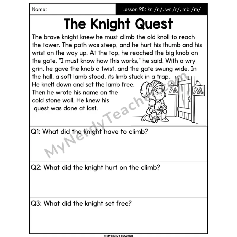 Silent Letters kn wr mb Decodable Passage - The Knight Quest (Answer Boxes)