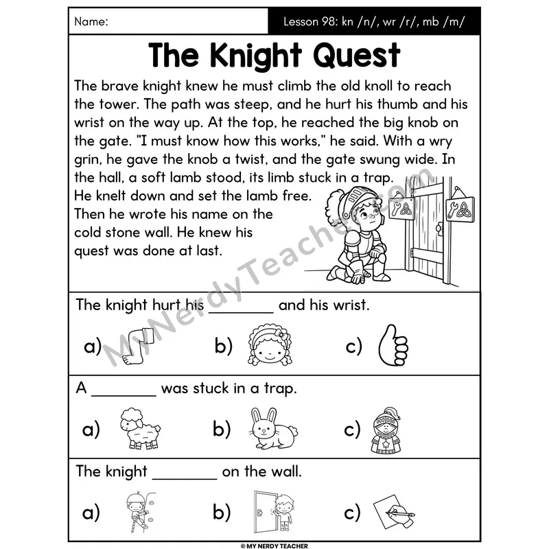 Silent Letters kn wr mb Decodable Passage - The Knight Quest (Picture Choices)