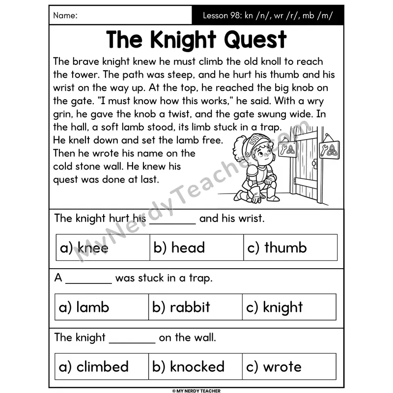 Silent Letters kn wr mb Decodable Passage - The Knight Quest (Multiple Choice)