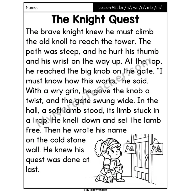 Silent Letters kn wr mb Decodable Passage - The Knight Quest (Large Print)