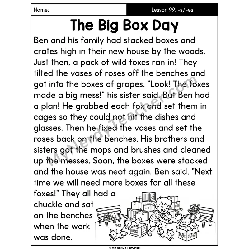 Suffixes -s and -es Decodable Passage - The Big Box Day (Large Print)