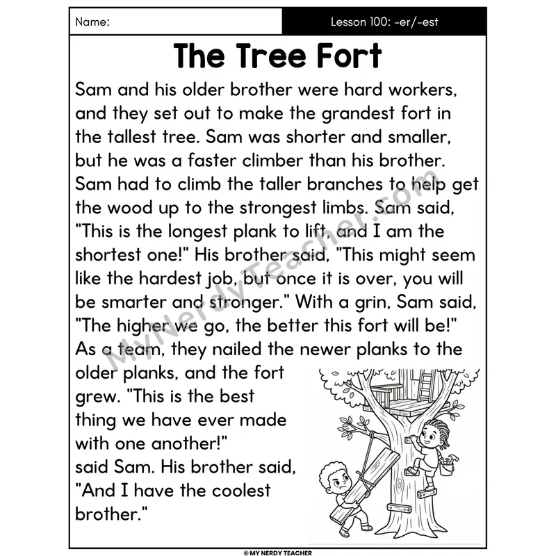Suffixes -er and -est Decodable Passage - The Tree Fort (Large Print)