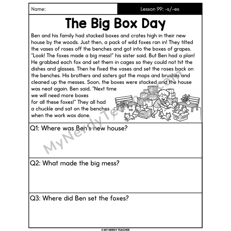Suffixes -s and -es Decodable Passage - The Big Box Day (Answer Boxes)