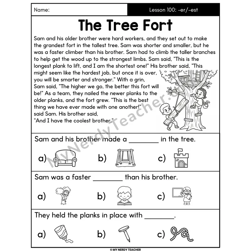 Suffixes -er and -est Decodable Passage - The Tree Fort (Picture Choices)