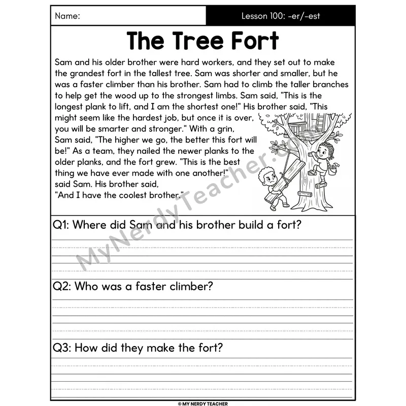 Suffixes -er and -est Decodable Passage - The Tree Fort (Written Answers)