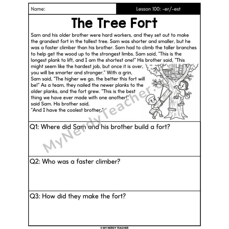 Suffixes -er and -est Decodable Passage - The Tree Fort (Answer Boxes)