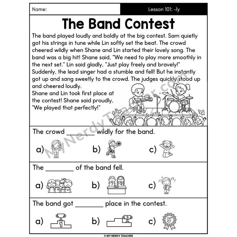 Suffix -ly Decodable Passage - The Band Contest (Picture Choices)