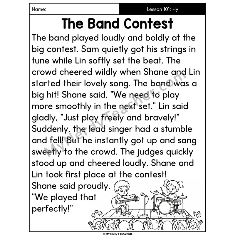 Suffix -ly Decodable Passage - The Band Contest (Large Print)