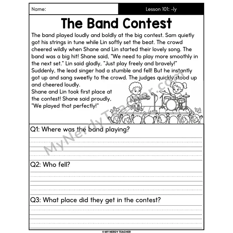 Suffix -ly Decodable Passage - The Band Contest (Written Answers)