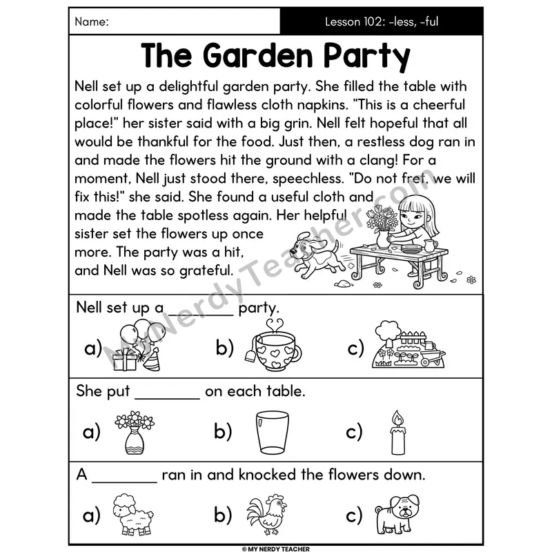 Suffixes -less and -ful Decodable Passage - The Garden Party (Picture Choices)