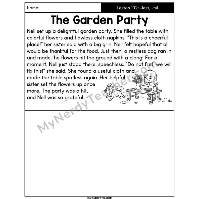 Suffixes -less and -ful Decodable Passage - The Garden Party (Draw the Story)