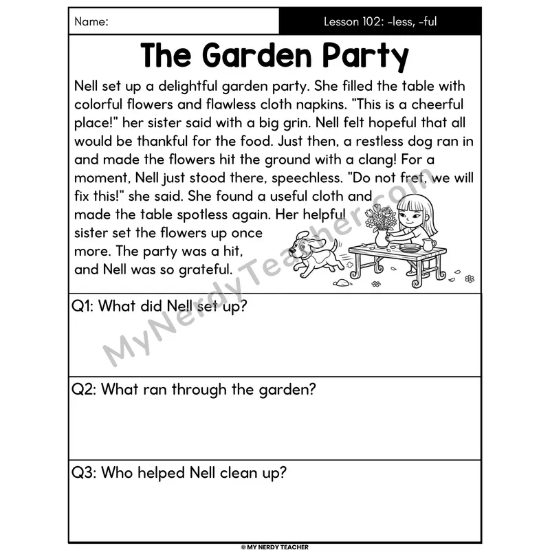 Suffixes -less and -ful Decodable Passage - The Garden Party (Answer Boxes)