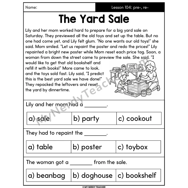Prefixes pre- and re- Decodable Passage - The Yard Sale (Multiple Choice)