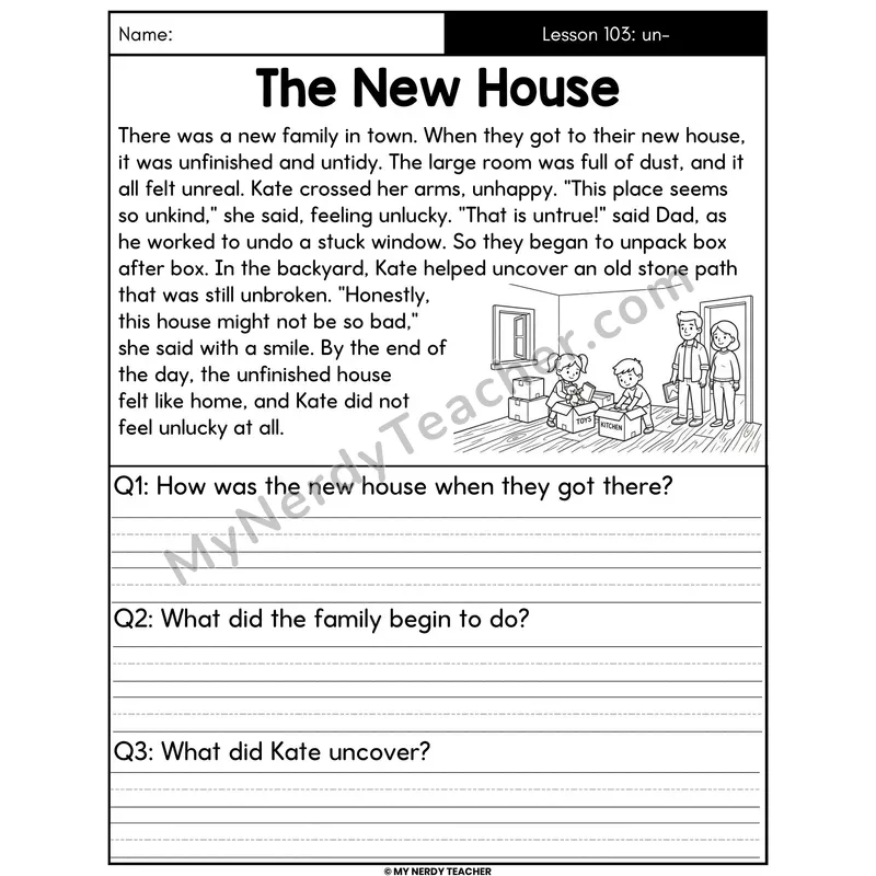 Prefix un- Decodable Passage - - The New House (Written Answers)