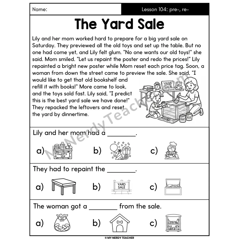 Prefixes pre- and re- Decodable Passage - The Yard Sale (Picture Choices)