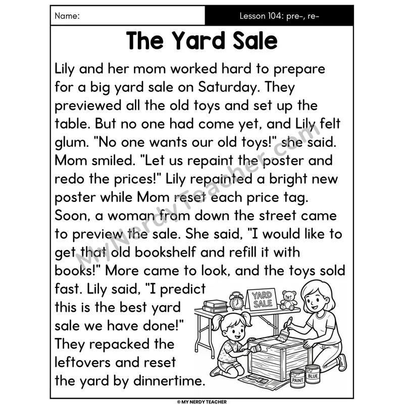 Prefixes pre- and re- Decodable Passage - The Yard Sale (Large Print)